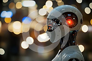 Futuristic robotic figure with illuminated features in a modern setting at nighttime