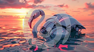 A futuristic robotic flamingo floats on a calm, pink-hued ocean at sunset photo
