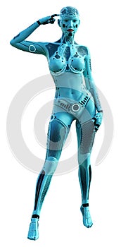 Futuristic robotic girl with blue metallic suit, 3d illustration
