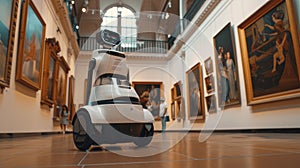 Futuristic robotic guide tours a classical art museum, engaging visitors with technology