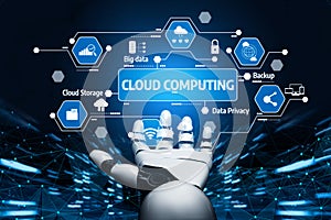 Futuristic Robotic Hand Displaying Cloud Computing Concepts with Data Privacy, Cloud Storage, Backup, and Big Data in