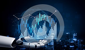 Futuristic robotic hand displaying data visualization with glowing graphs and charts representing digital analytics and