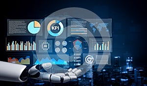 Futuristic robotic hand displaying digital data and analytics dashboard with charts, graphs, and global maps in a high