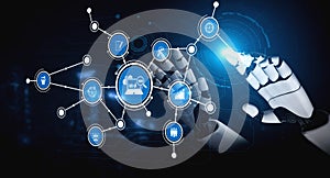 Futuristic Robotic Hand Interacting with Digital Data Connections, Representing AI Technology, Data Analysis, Automation