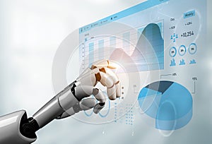 Futuristic robotic hand interacting with data visualization interface showcasing graphs and charts in a modern workspace