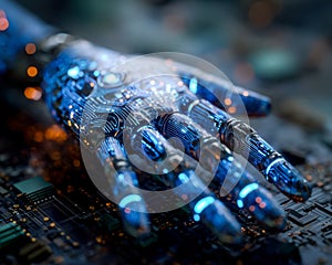Futuristic robotic hand with glowing circuits on a technology circuit board