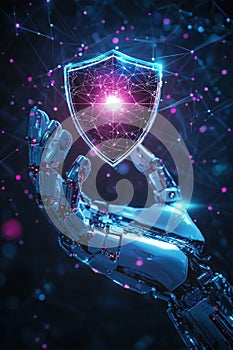 Futuristic robotic hand holding digital shield icon