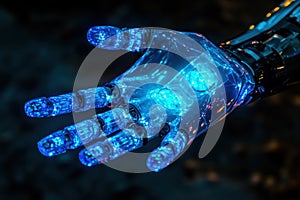 Futuristic robotic hand illuminated with blue lights showcases advanced technology and design