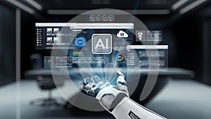 Futuristic robotic hand interacting with advanced AI interface displaying data analytics and digital information in high