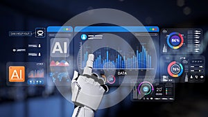 Futuristic robotic hand interacting with advanced data analytics interface, showcasing AI technology and visual