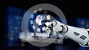 Futuristic robotic hand interacting with AI search interface, showcasing advanced technology and digital exploration in