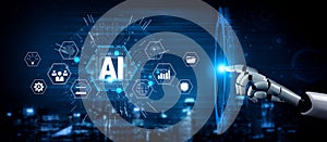 Futuristic Robotic Hand Interacting with AI Technology Interface in Digital Environment with Data Visualization and