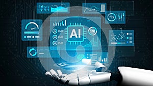 Futuristic robotic hand interacting with artificial intelligence data visualizations in a high-tech digital environment