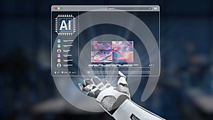Futuristic robotic hand interacting with artificial intelligence interface displaying digital artwork and vibrant