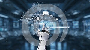 Futuristic robotic hand interacting with artificial intelligence interface in a high-tech digital environment showcasing