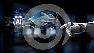 Futuristic robotic hand interacting with artificial intelligence interface showcasing data flow and technology