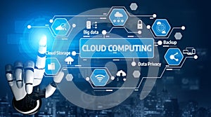 Futuristic Robotic Hand Interacting with Cloud Computing Technology Icons and Graphical User Interface for Data