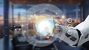 Futuristic Robotic Hand Interacting with 3D Shield in High-Tech Office Environment with Digital Interface Elements and