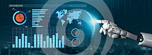 Futuristic robotic hand interacting with data dashboard visualizing analytics and global information in a digital