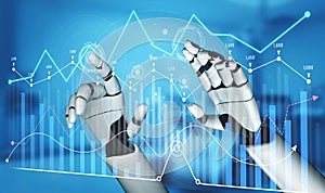 Futuristic robotic hand interacting with data visualization and analytics on a digital screen, representing artificial