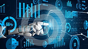 Futuristic Robotic Hand Interacting with Data Visualization and Graphs in a Digital Environment Representing Advanced