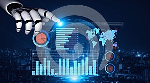 Futuristic Robotic Hand Interacting with Data Visualization on High-Tech Interface at Night Impute