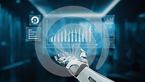 Futuristic Robotic Hand Interacting with Data Visualization Interface Displaying Graphs and Charts in High-Tech
