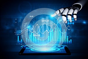 Futuristic robotic hand interacting with data visualization on tablet screen showcasing digital analytics and