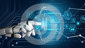 Futuristic Robotic Hand Interacting with Digital AI Interface, Concept of Artificial Intelligence, Technology, and