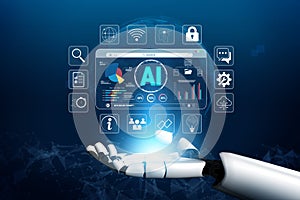 Futuristic Robotic Hand Interacting with Digital AI Interface, Visualizing Technology Trends and Data Analytics in a