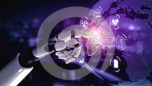 Futuristic robotic hand interacting with digital artificial intelligence interface on a globe in a high-tech environment