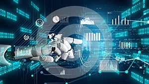 Futuristic robotic hand interacting with digital charts, graphs, and data interfaces in a virtual technology environment