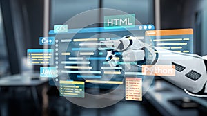 Futuristic robotic hand interacting with digital coding interface displaying various programming languages in a modern