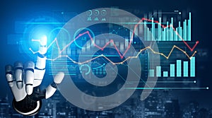 Futuristic Robotic Hand Interacting with Digital Data Analytics Dashboard Featuring Graphs, Charts, and User Interface
