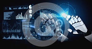 Futuristic robotic hand interacting with digital data and analytics on a glowing interface showcasing graphs, charts