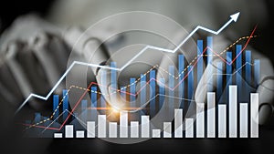 Futuristic robotic hand interacting with digital data analytics graphs, showcasing growth, technology, and financial