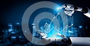 Futuristic robotic hand interacting with digital data and financial analytics display, symbolizing advanced technology