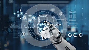 Futuristic robotic hand interacting with digital data and security interface in high-tech environment, showcasing