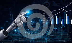 Futuristic robotic hand interacting with digital data visualization and graphs in tech environment representing AI and