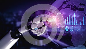 Futuristic Robotic Hand Interacting with Digital Globe and Graphs, Symbolizing Technology, Data Analysis, and Artificial
