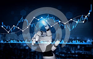 Futuristic robotic hand interacting with digital graphs and data analytics, representing advanced technology and