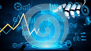 Futuristic robotic hand interacting with digital graphs, data analytics, and technology interfaces on a glowing