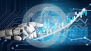 Futuristic Robotic Hand Interacting with Digital Graphs and Data Visualizations Representing Growth and Technology in a