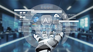 Futuristic Robotic Hand Interacting with Digital Interface of Artificial Intelligence Technologies and Data Management