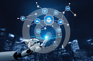 Futuristic Robotic Hand Interacting with Digital Interface and Data Visualization for Technology and Innovation Concepts