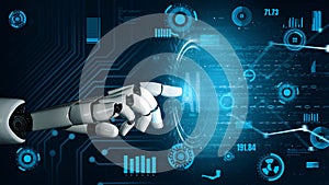 Futuristic Robotic Hand Interacting with Digital Interface and Data Visualizations Representing Technology and