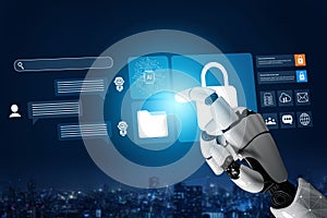 Futuristic Robotic Hand Interacting with Digital Interface Displaying AI Technology, Data Security, and User Interaction