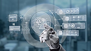 Futuristic Robotic Hand Interacting with Digital Interface Displaying Generative AI Technology Concepts and Data