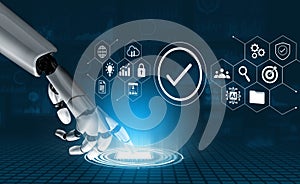 Futuristic robotic hand interacting with digital interface, featuring icons representing data security, communication