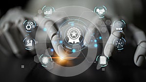 Futuristic robotic hand interacting with digital interface featuring icons of technology, analytics, certification